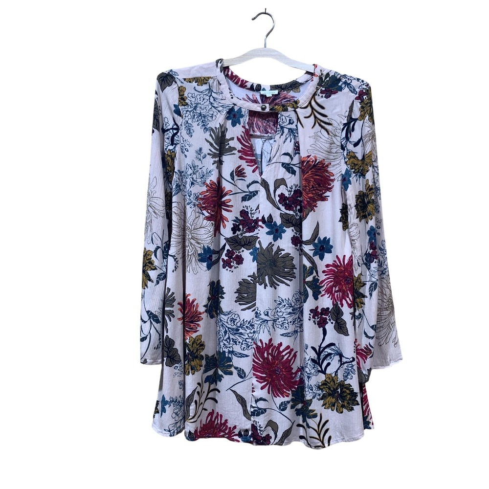 En Crème Tunic Womens Small Pink Floral Long Sleeve‎ Rayon Boho Peasant Blouse